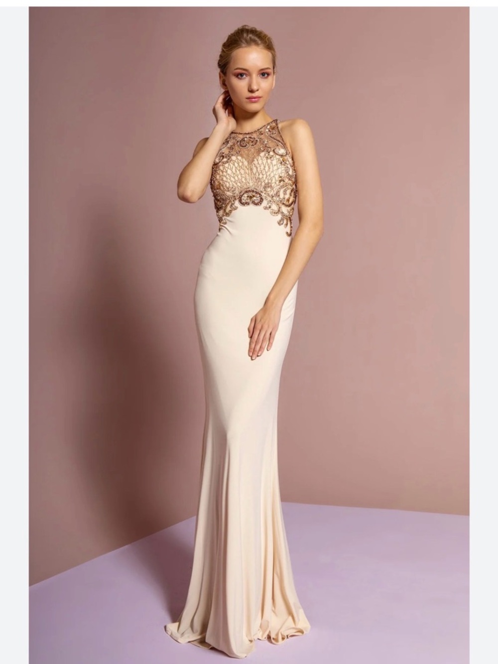 Cream Gown with Gold Embellished Bodice